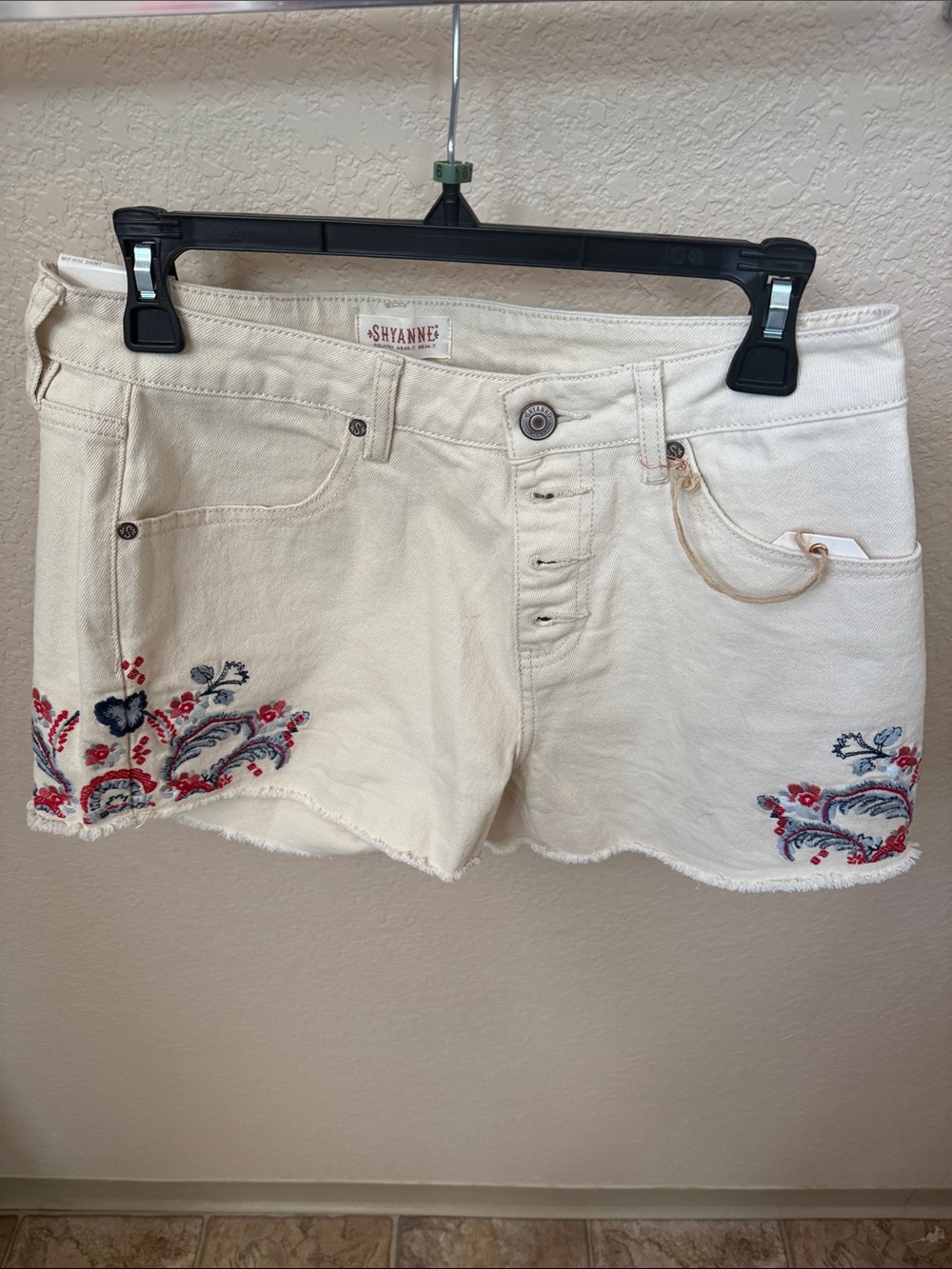 Shyanne Cream Denim Shorts with Red & Blue Floral Embroidery